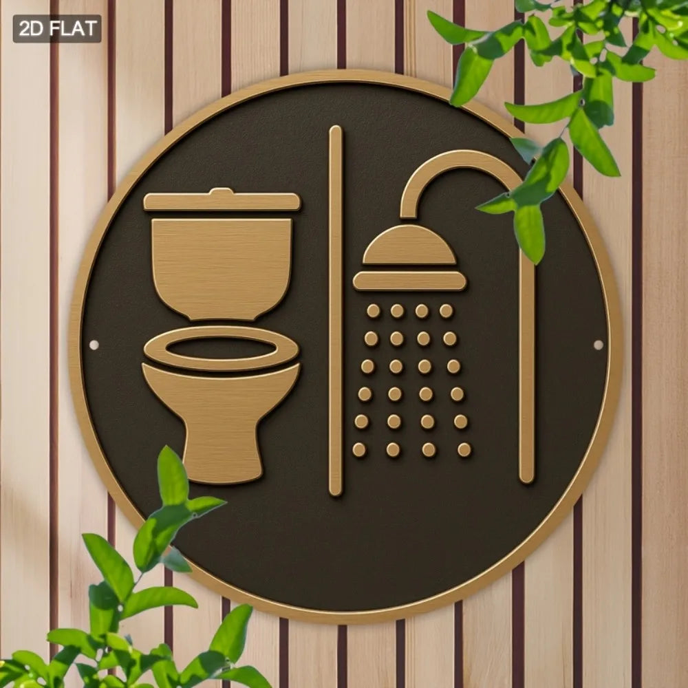 Decorative wall art with toilet and shower icons on a brown background, framed by green leaves.