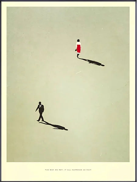 Illustration of a person walking with a red bag on a beige background
