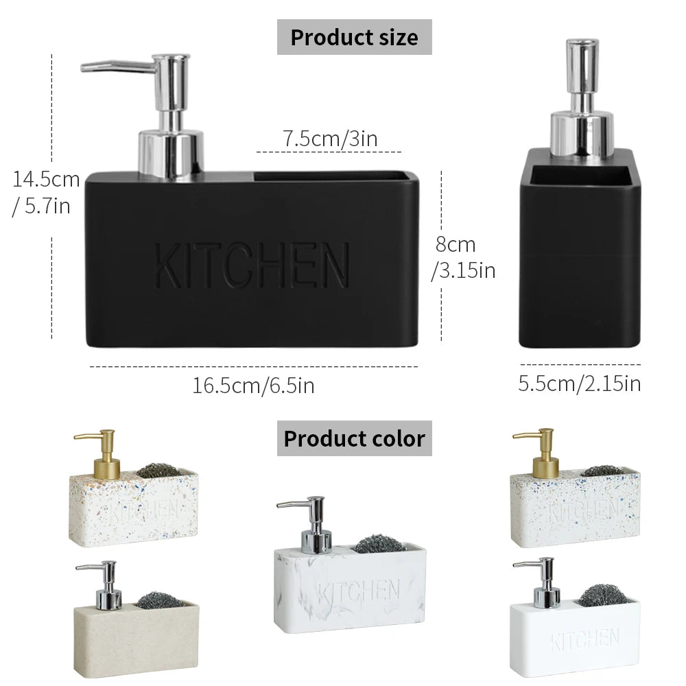 Black and white kitchen soap dispensers with measurements and color options.