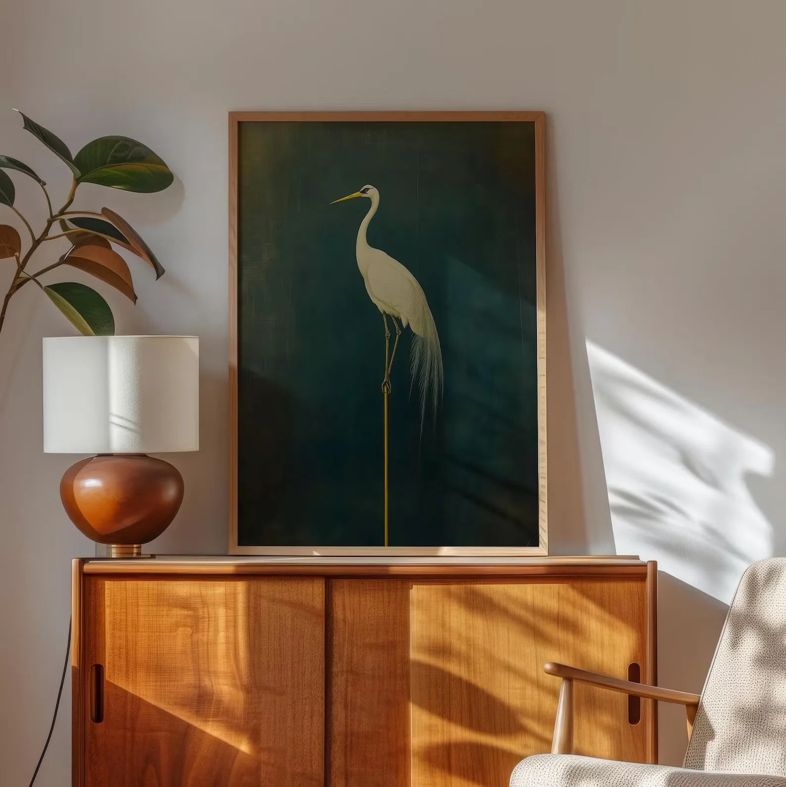 Framed artwork of a crane on a wooden cabinet with a lamp and plant in a room.