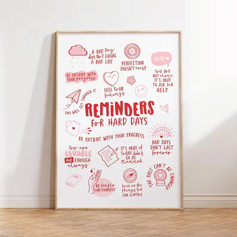 Framed motivational poster with affirmations on a white wall.