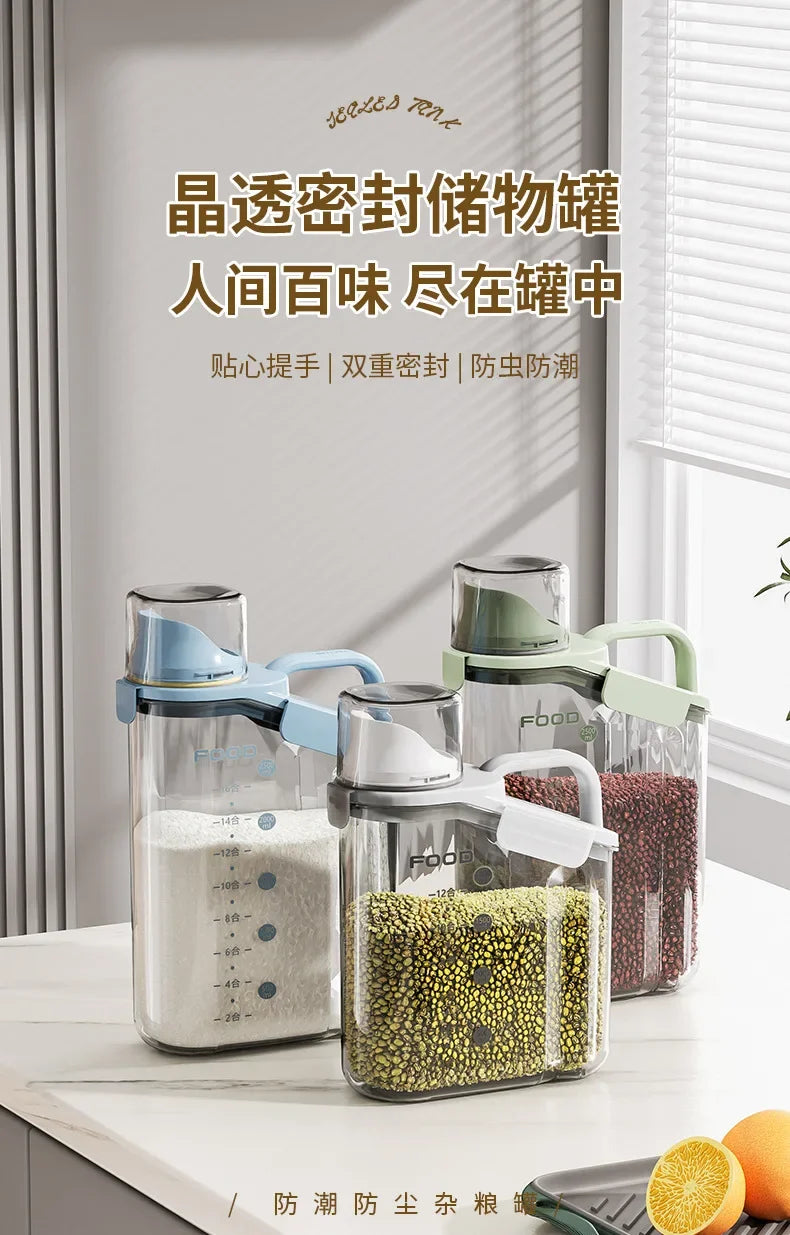 Set of transparent storage jars with labels on a kitchen counter.