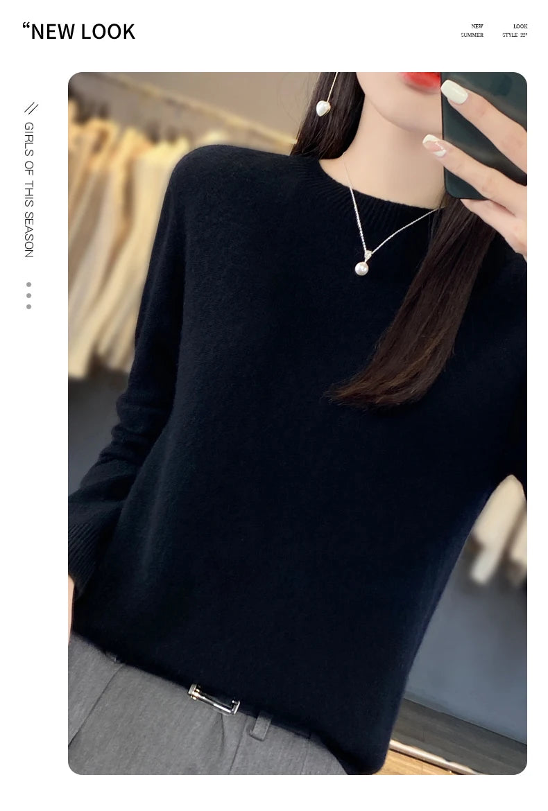 100% Merino Wool Women’s Sweater – Soft Cashmere-Feel O-Neck Pullover, Autumn/Winter Warm Knit Top (14 Colours)