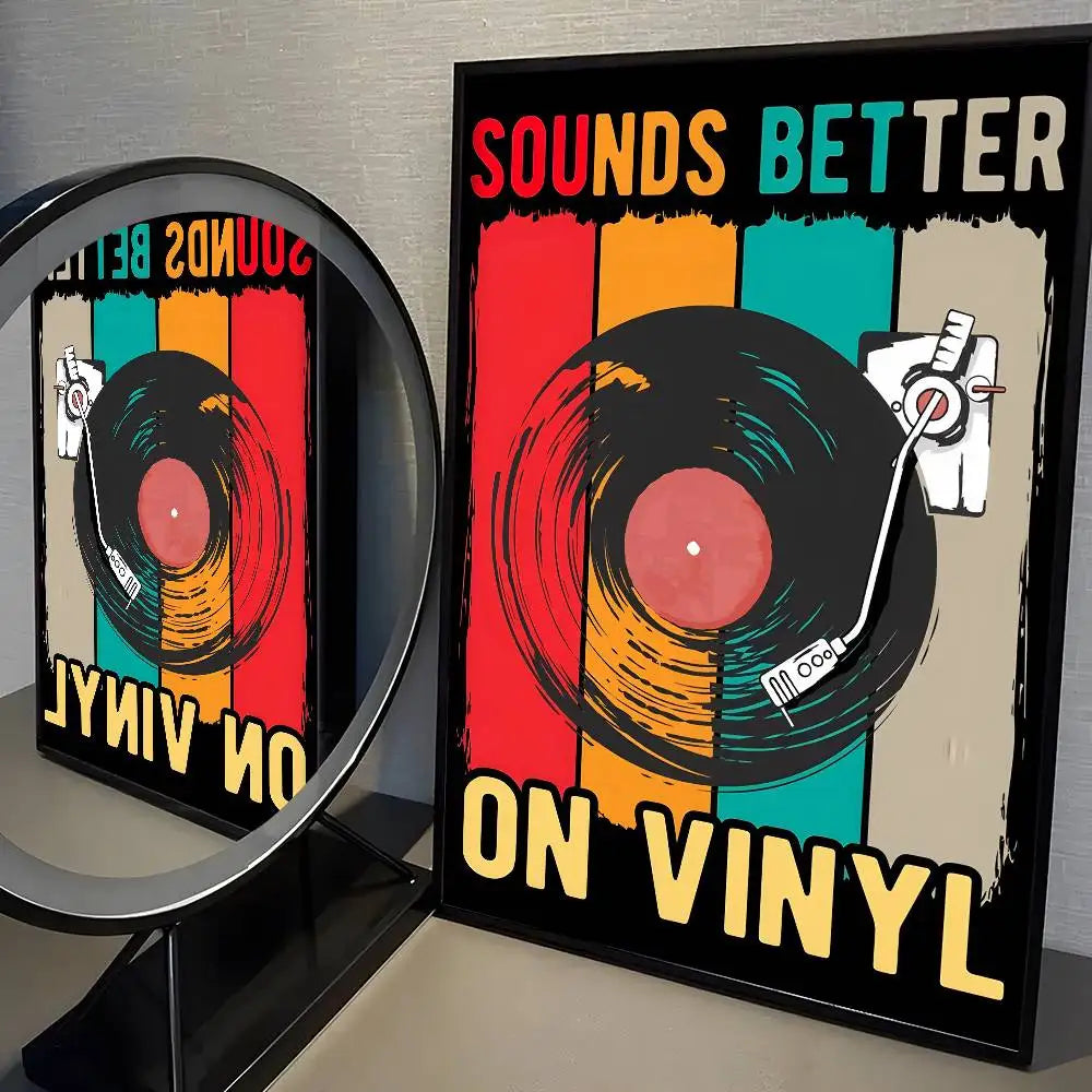 Framed poster with vinyl record design and 'Sounds Better on Vinyl' text.