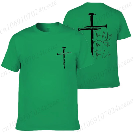Green t-shirt with black cross design and text on front and back