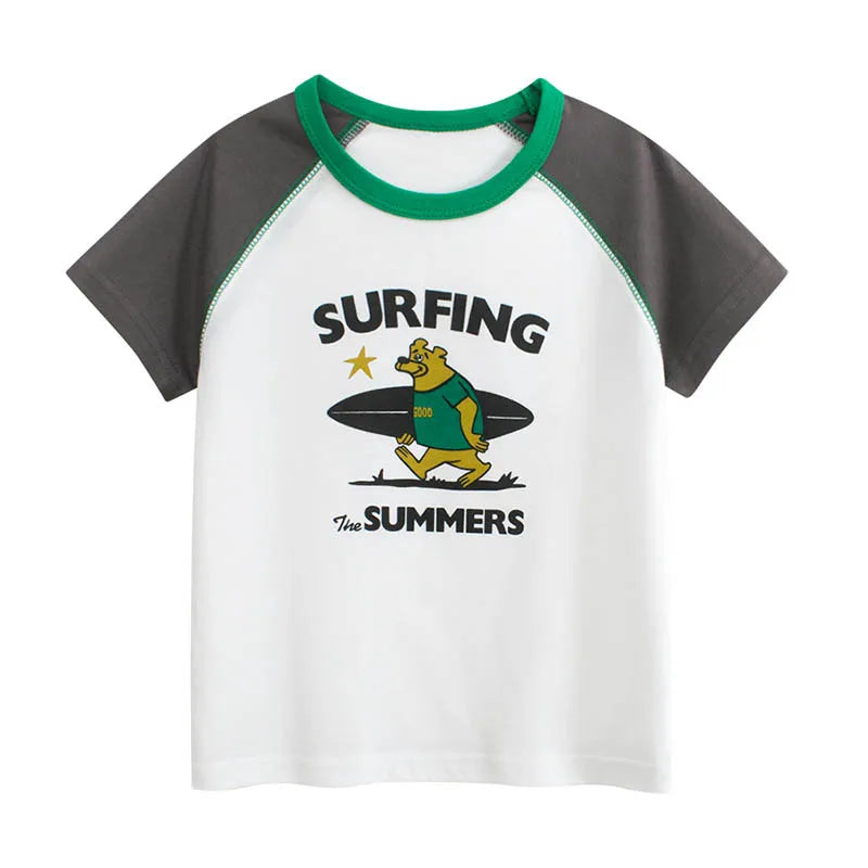 Children's t-shirt with a bear holding a surfboard and 'Surfing the Summers' text on a white background.