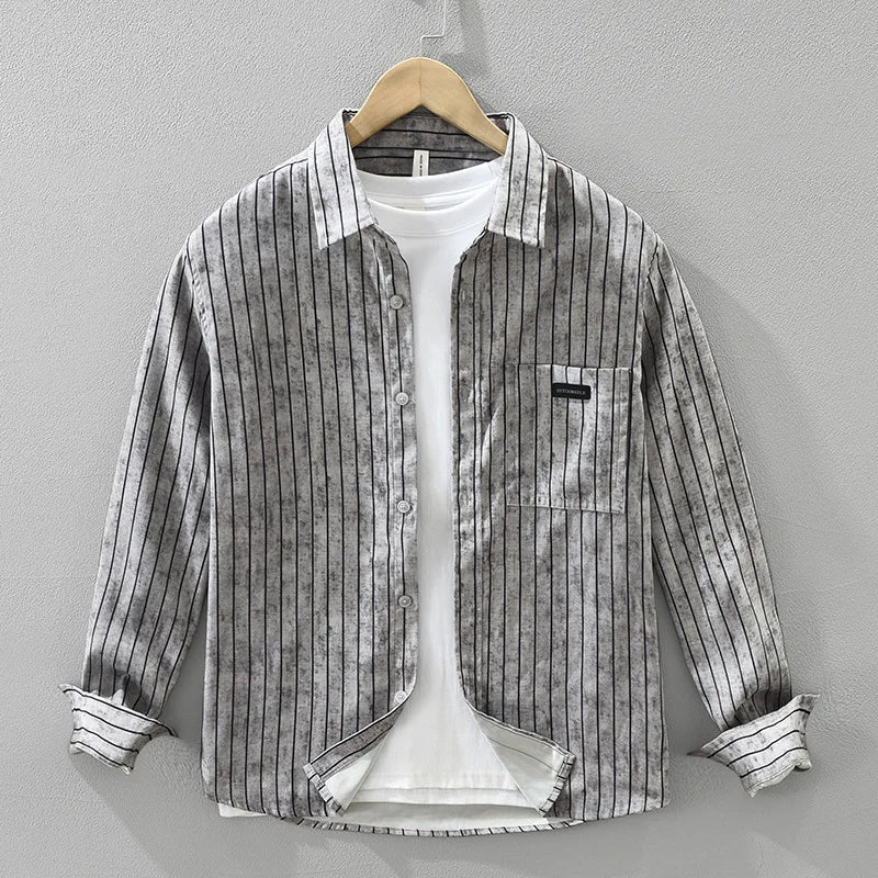 Men’s vintage striped long sleeve shirt with turn-down collar in Coffee/Grey.