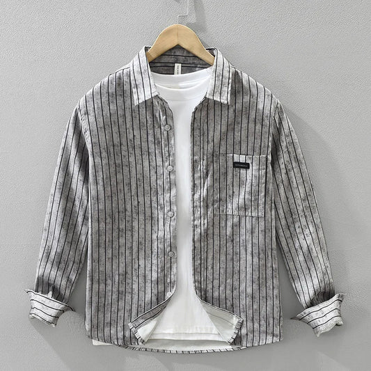 Men’s vintage striped long sleeve shirt with turn-down collar in Coffee/Grey.