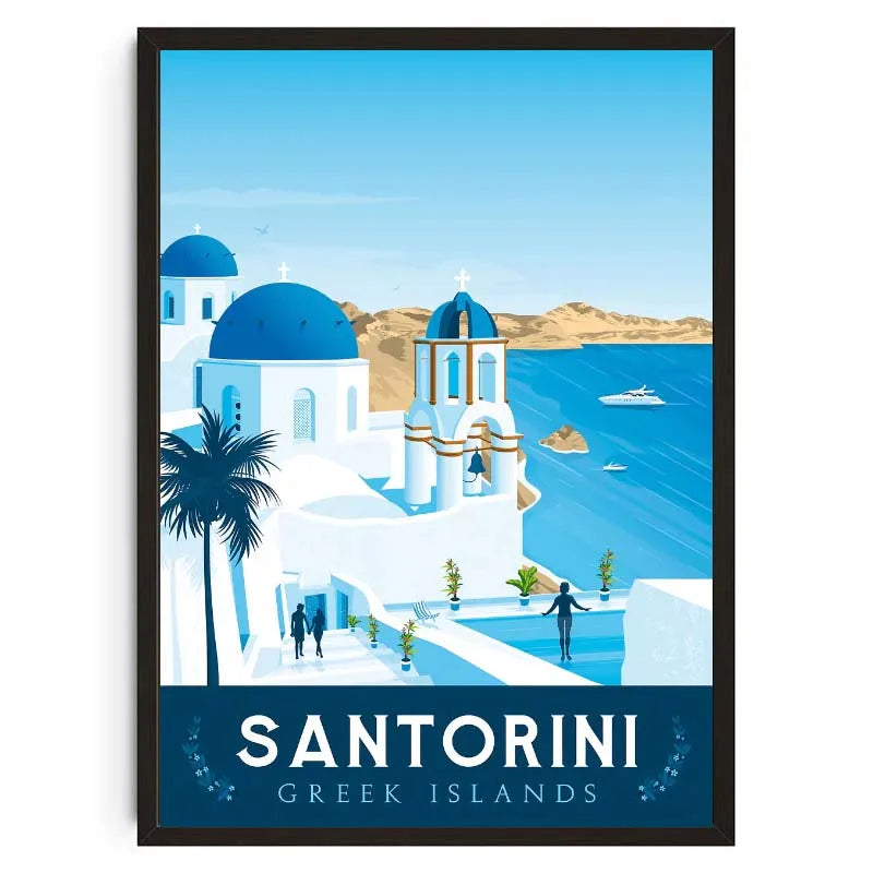 Santorini Greek Islands travel poster with blue domes and white buildings.