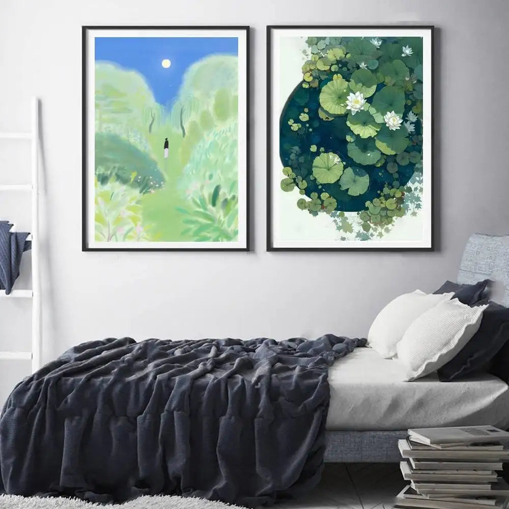 Green Jiangnan self-adhesive landscape art poster in modern Asian style for living room wall decor