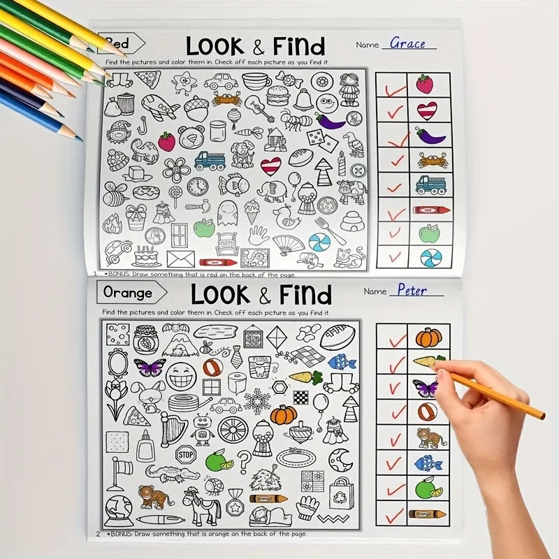 Two 'Look & Find' worksheets with colored pencils on a white background