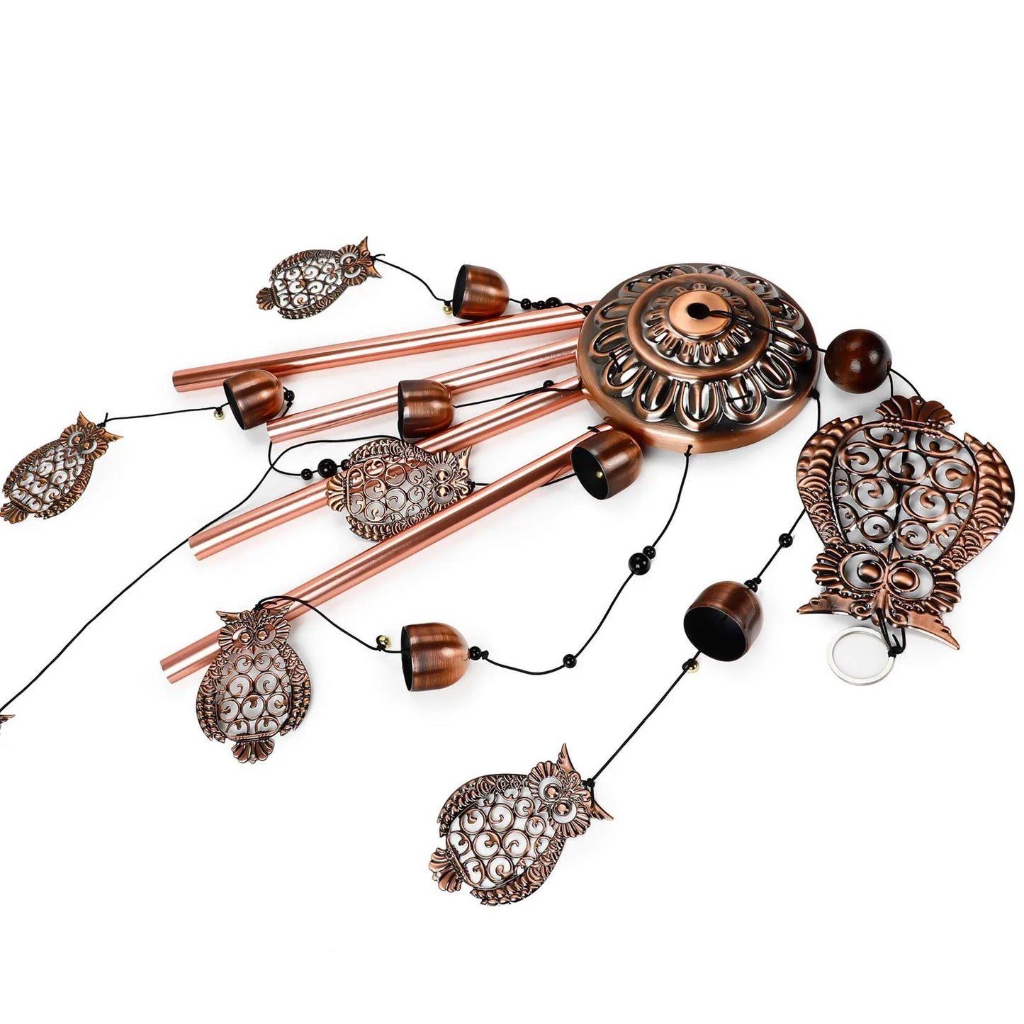 Decorative wall hanging with copper and bronze elements on a white background