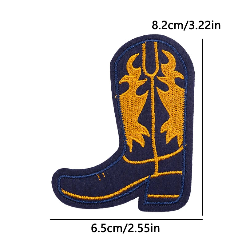 Cowboy boot patch with yellow embroidery on a blue background, showing measurements.