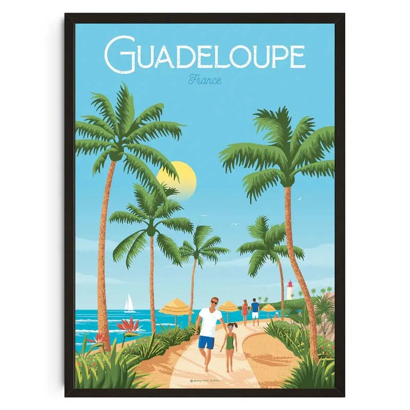 Poster of Guadeloupe with palm trees, beach, and people walking along a path.