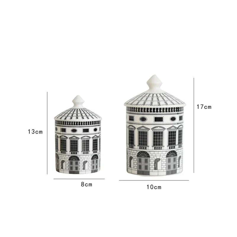 Two decorative jars with architectural designs and measurements on a white background