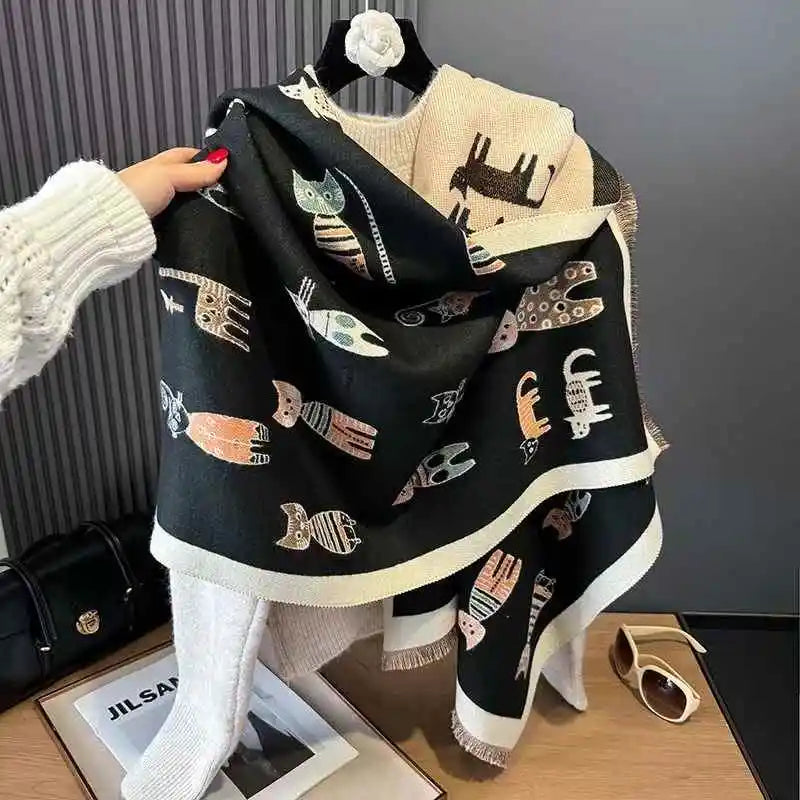 Cute Cat Double-Sided Winter Scarf Shawl – Soft Oversized Knit Wrap for Women