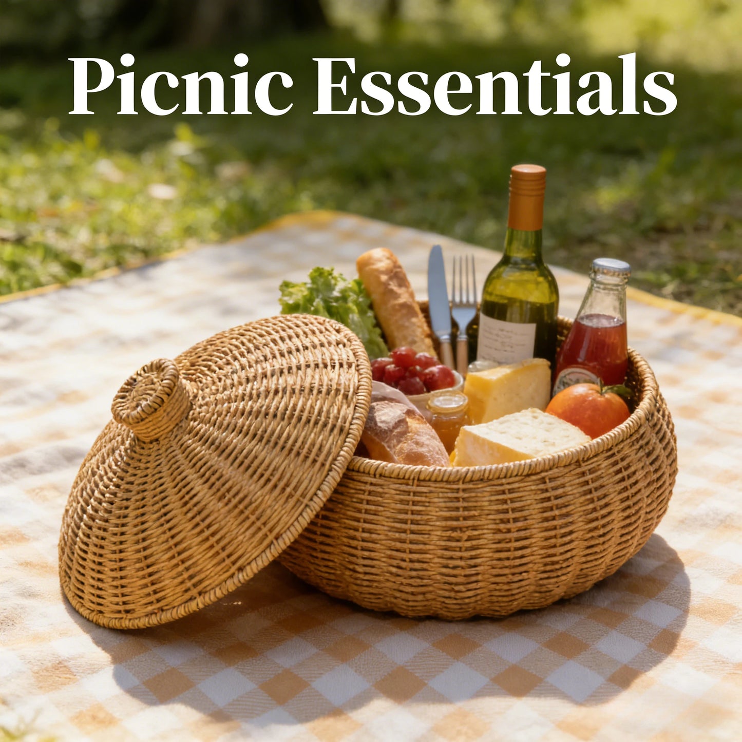 Picnic basket with food items on a checkered blanket outdoors, labeled 'Picnic Essentials'.