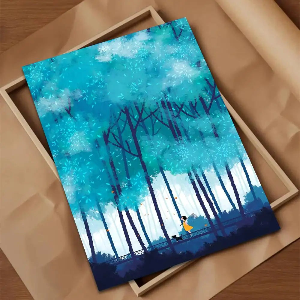 Framed artwork of a forest scene with a person sitting on a bench.