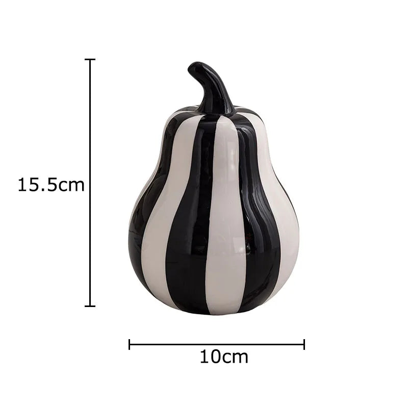 Black and white striped decorative pear with measurements on a white background