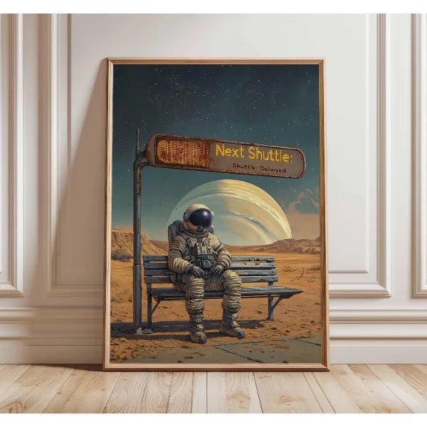 Framed artwork of an astronaut sitting on a bench under a 'Next Shuttle' sign in a desert landscape.