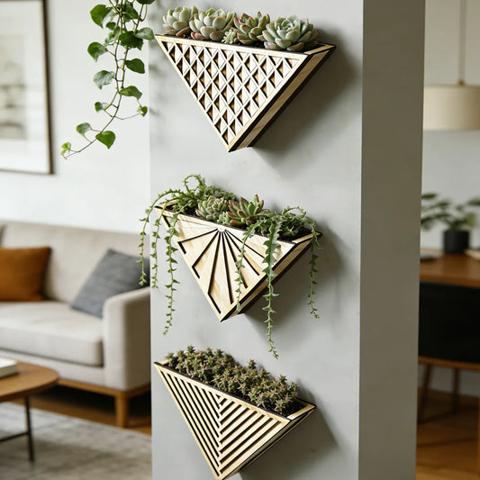 Geometric wall planters with succulents on a light gray wall in a living room setting.