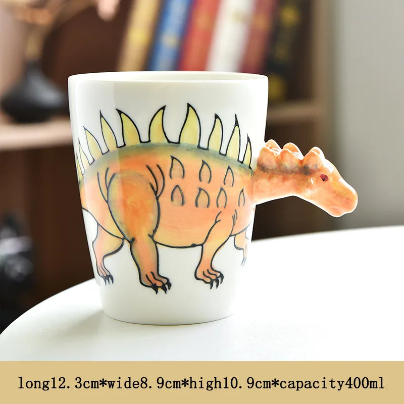 Ceramic mug with a dinosaur design on a blurred background