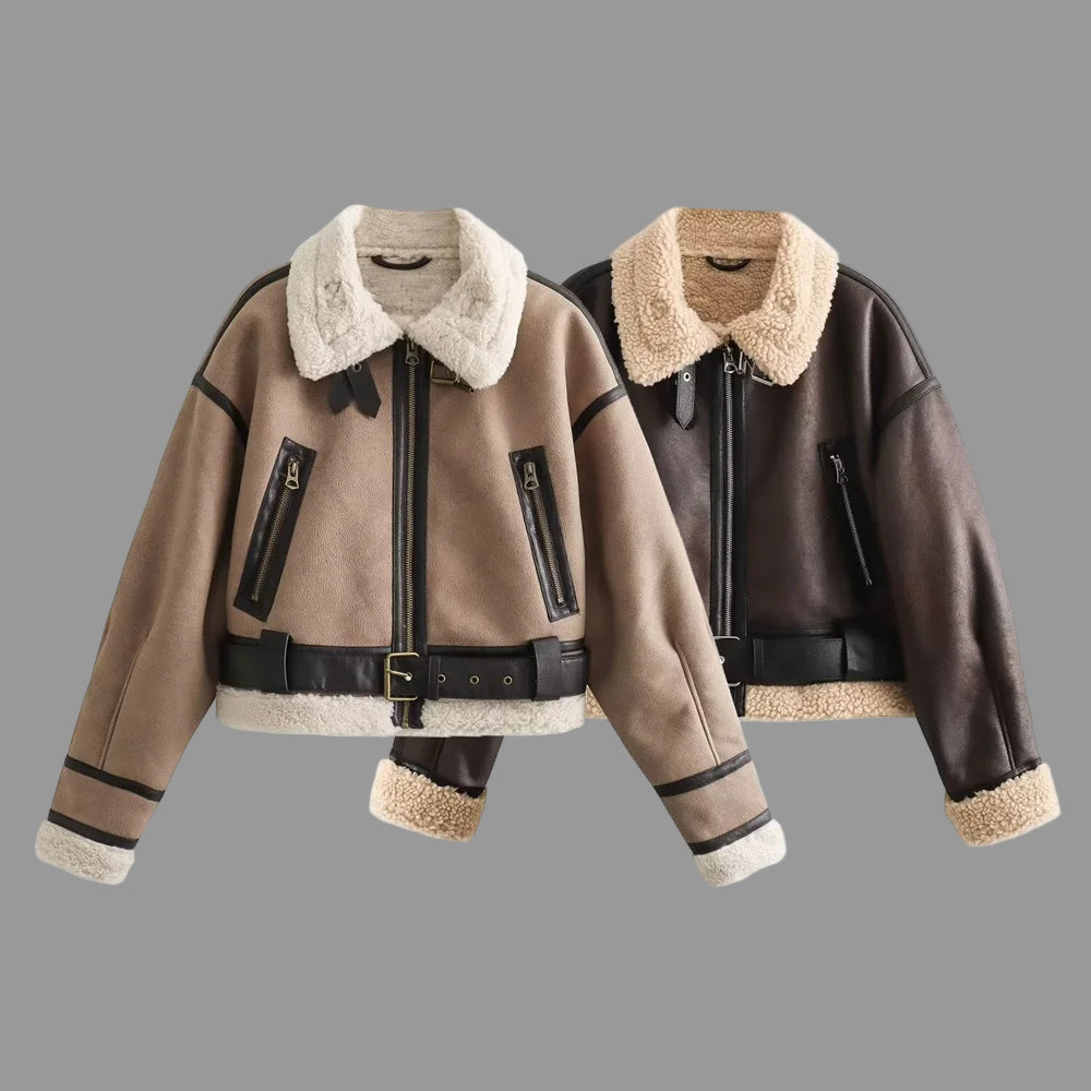 Women’s faux shearling aviator jackets with fur collar and belt detail in beige and dark brown, short winter coat style