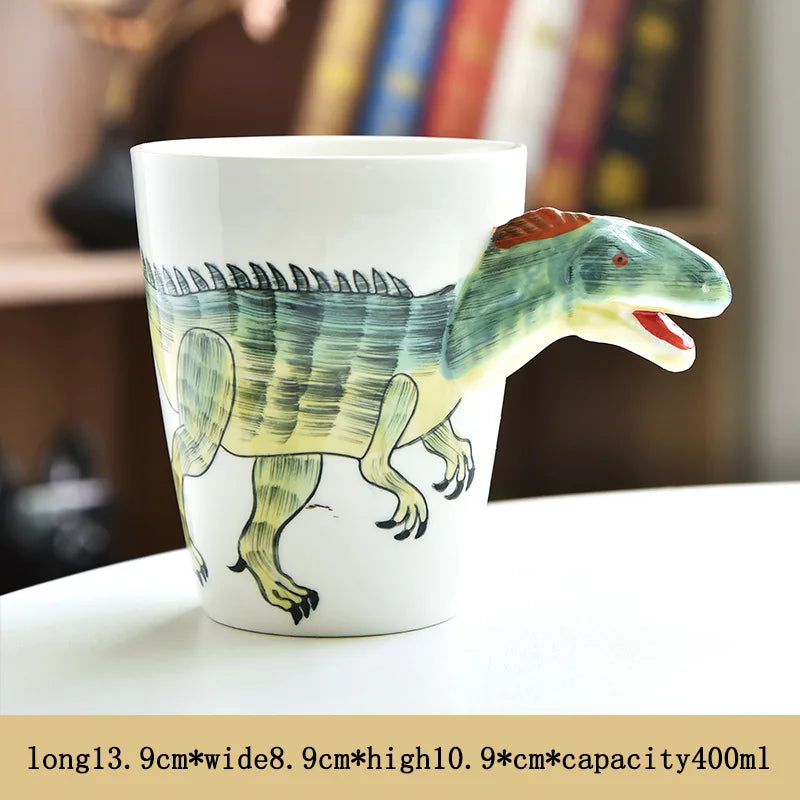 Dinosaur-shaped mug on a table with a blurred background