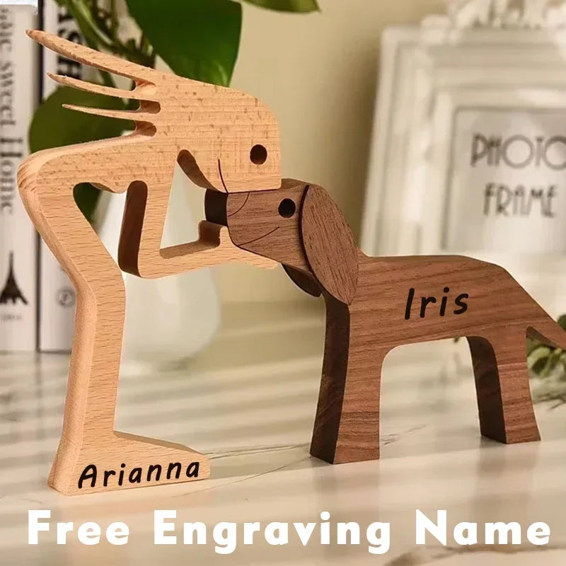 Personalised wooden human and dog figurine ornament with engraved names for custom home décor