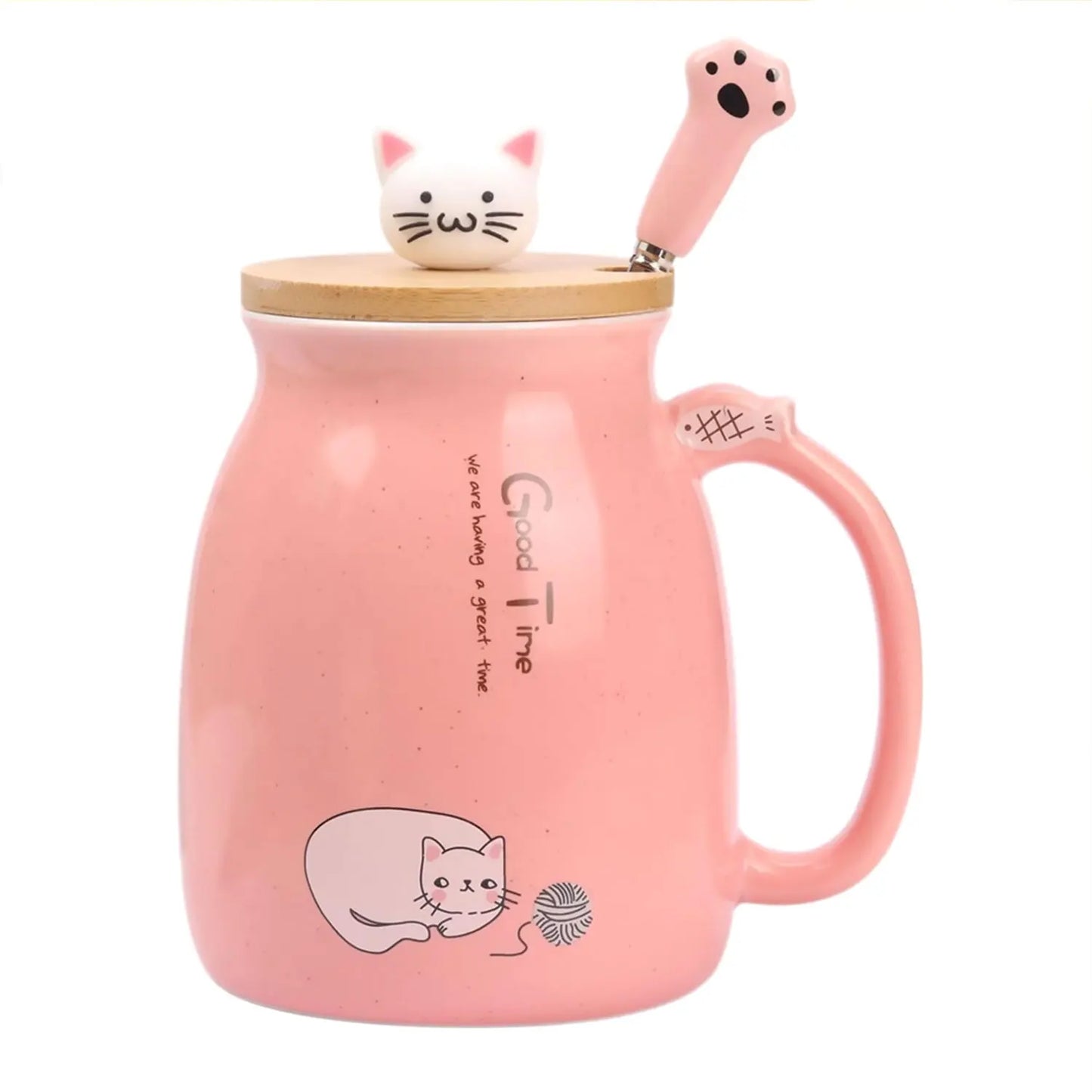 Kawaii pastel cat ceramic mug with wooden lid and cat spoon – Japanese style coffee cup