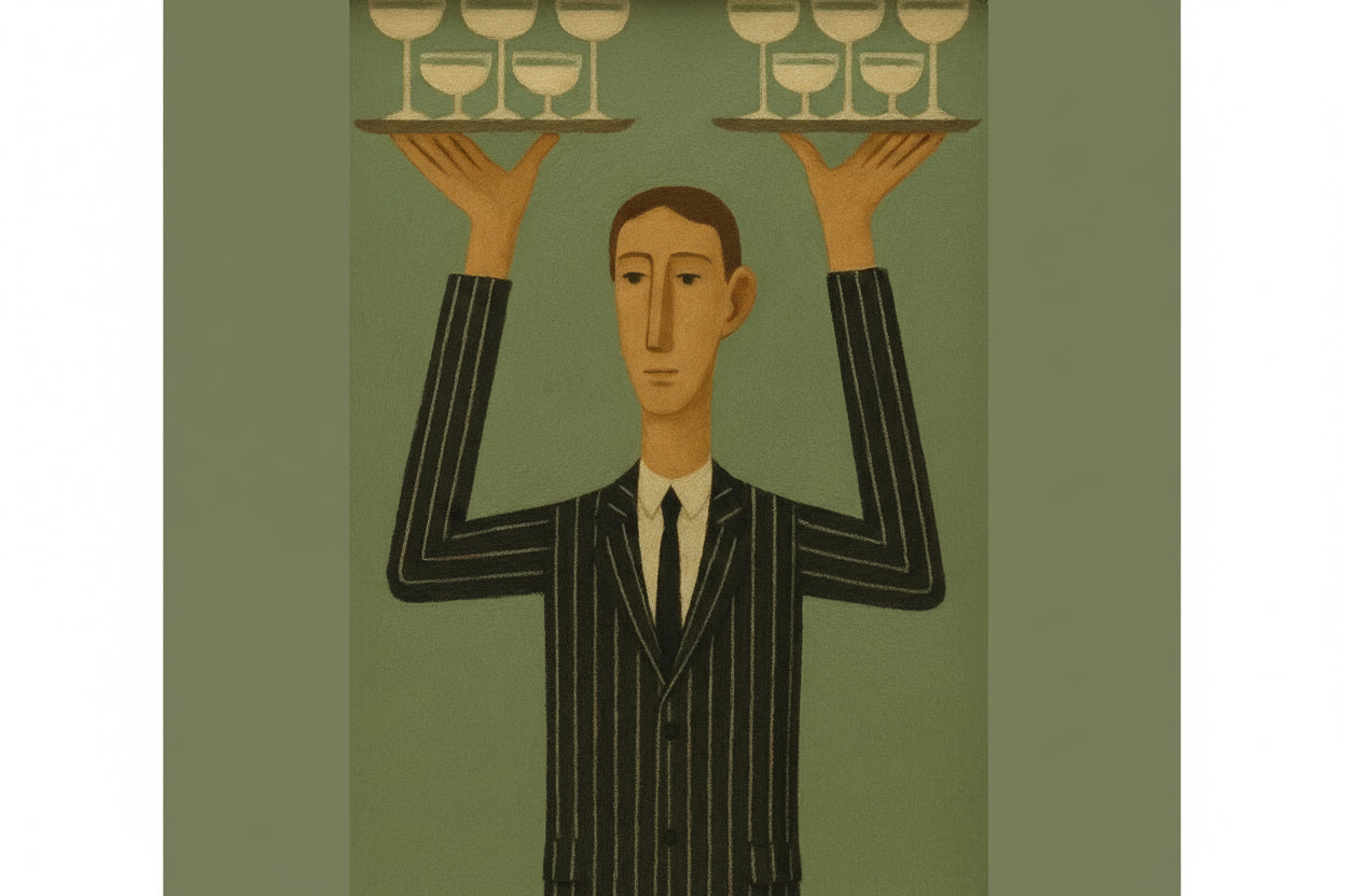 Illustration of a man in a suit holding two trays with wine glasses against a green background