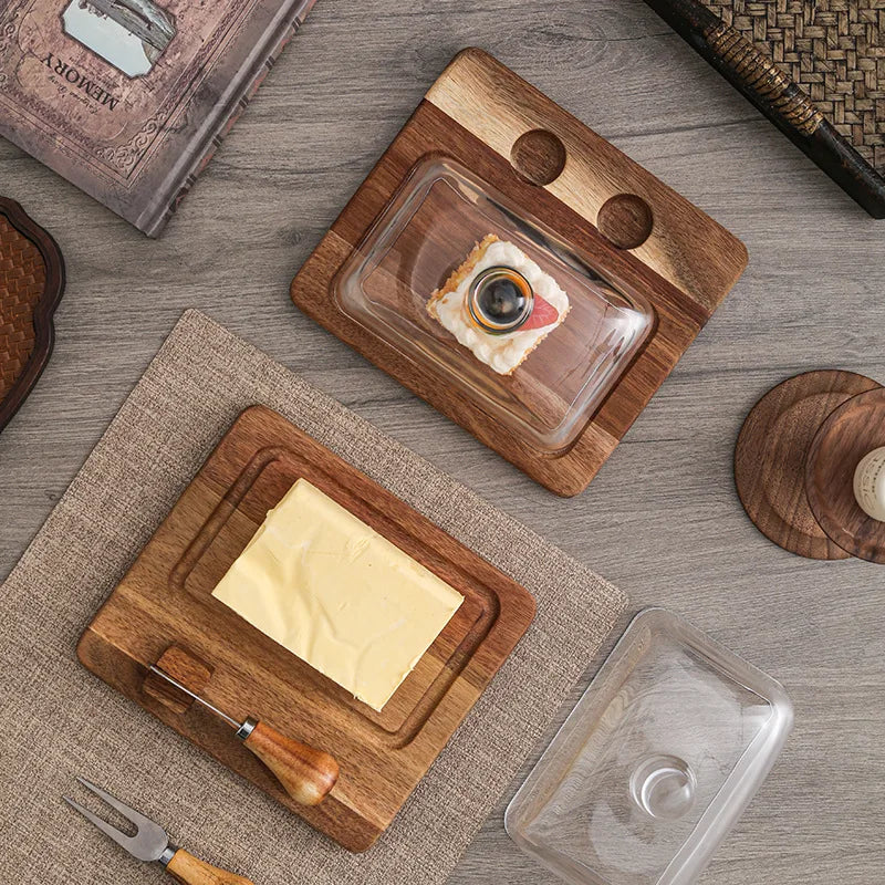 Acacia wood butter dish with clear glass dome and serving knife