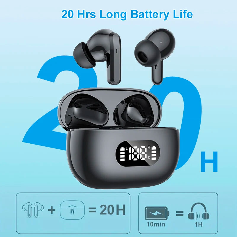 Black wireless earbuds with charging case on a light blue background, highlighting battery life.