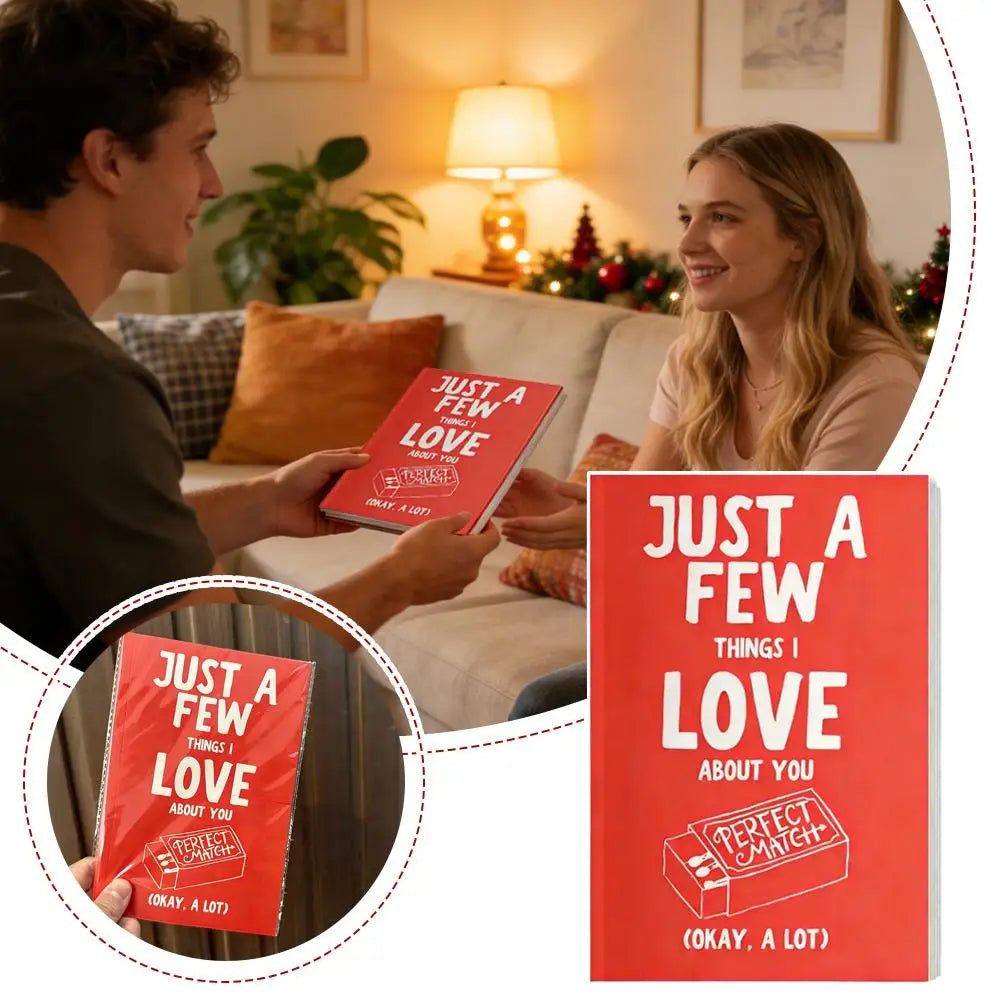 Two people holding a book titled 'Just a Few Things I Love About You' in a cozy living room setting.
