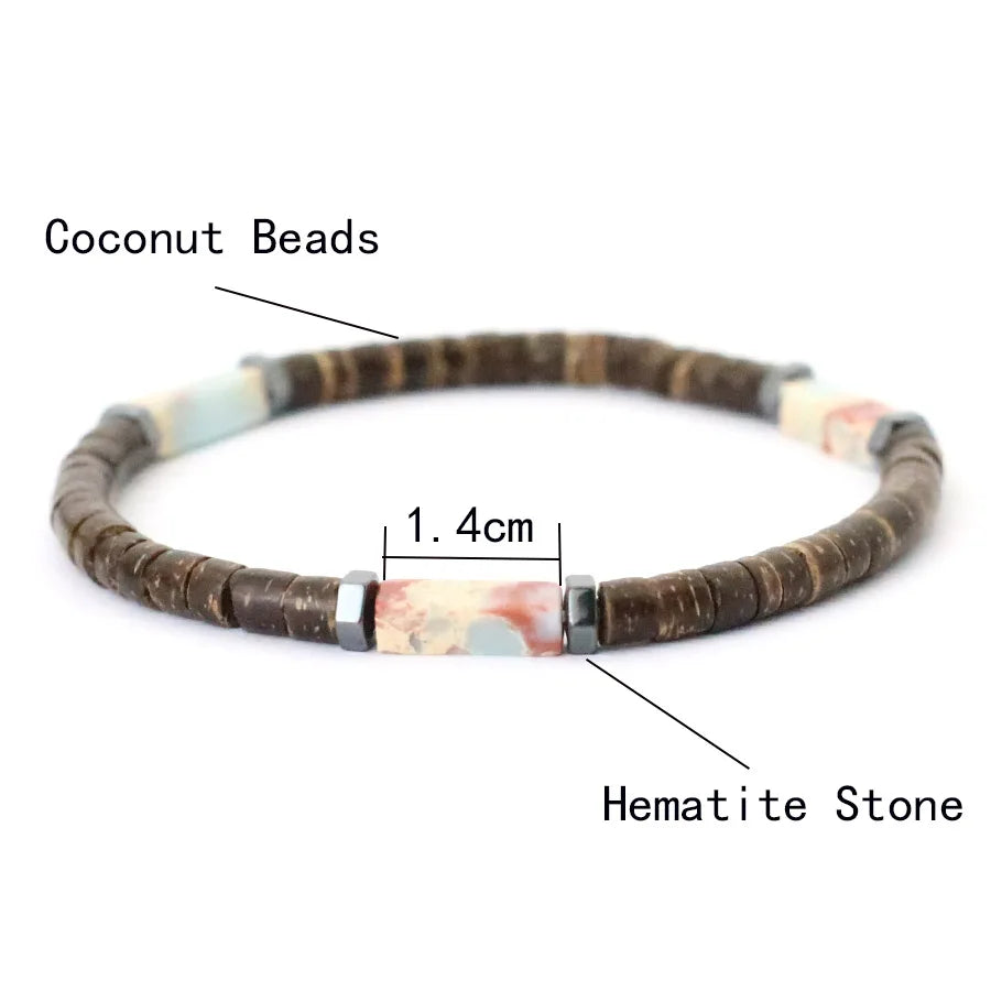 Bracelet with coconut beads and hematite stone, labeled for measurement.