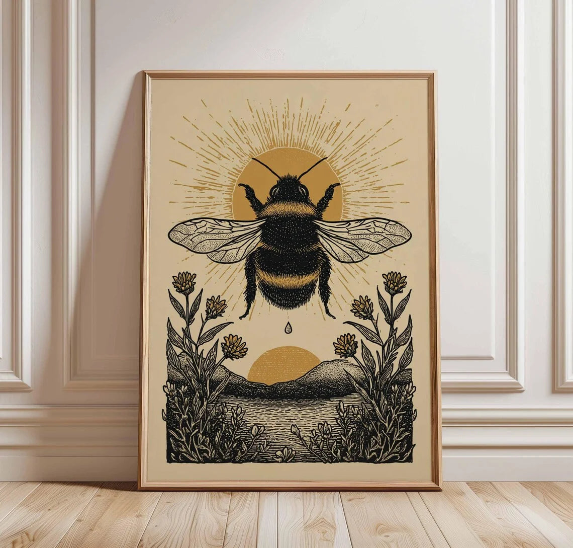 Framed artwork of a bee and flowers on a wall