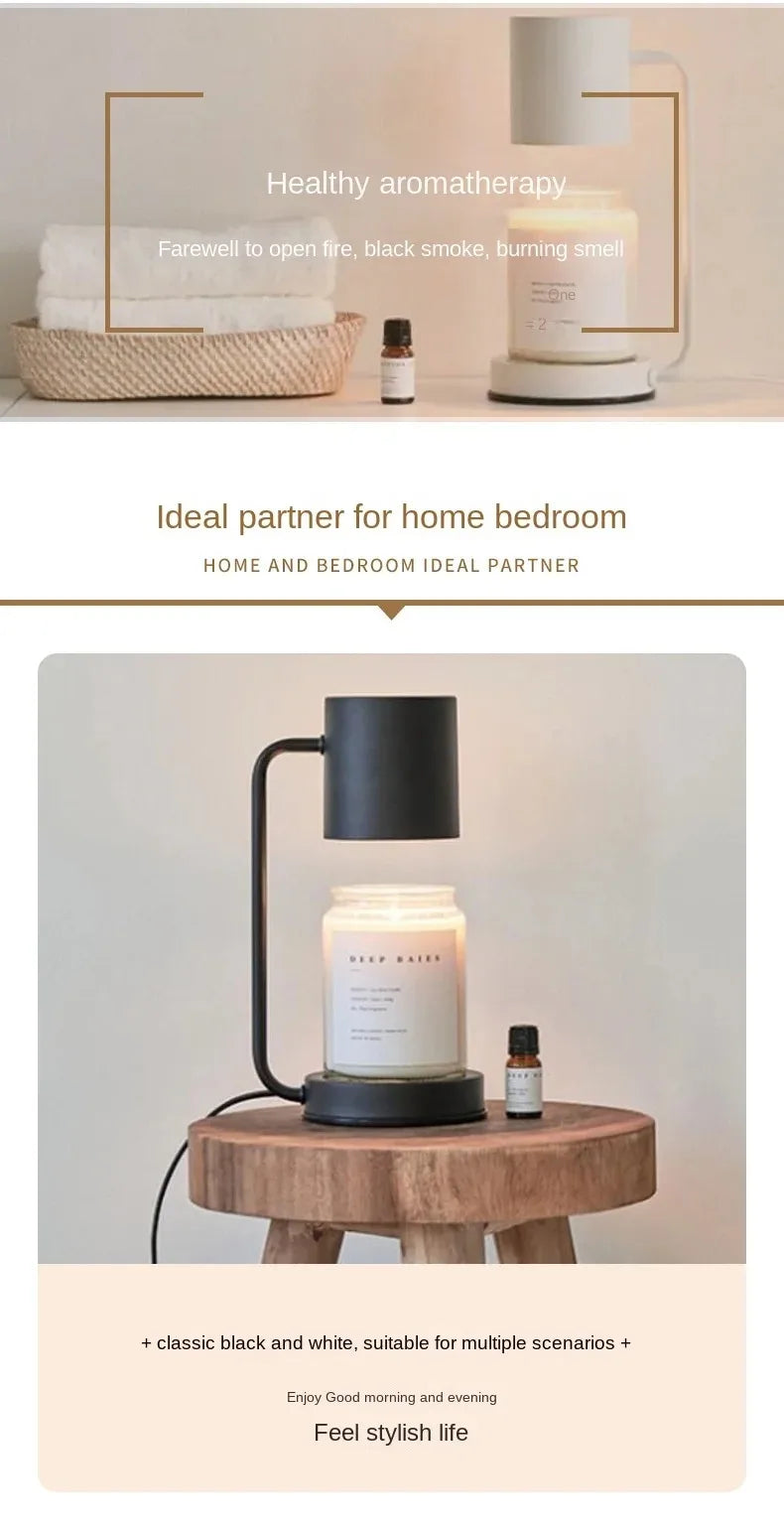 Table lamp with a cylindrical container on a wooden stool, with text about healthy aromatherapy and home bedroom ideal partner.