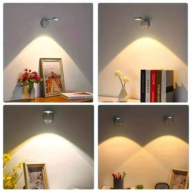 Collage of four images showing a wall-mounted light fixture in different settings.