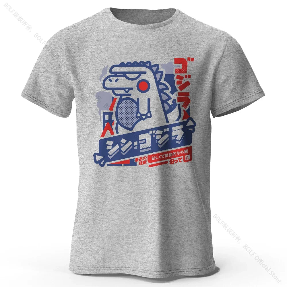 Gray t-shirt with a graphic design featuring a dinosaur-like creature and Japanese text on a white background.