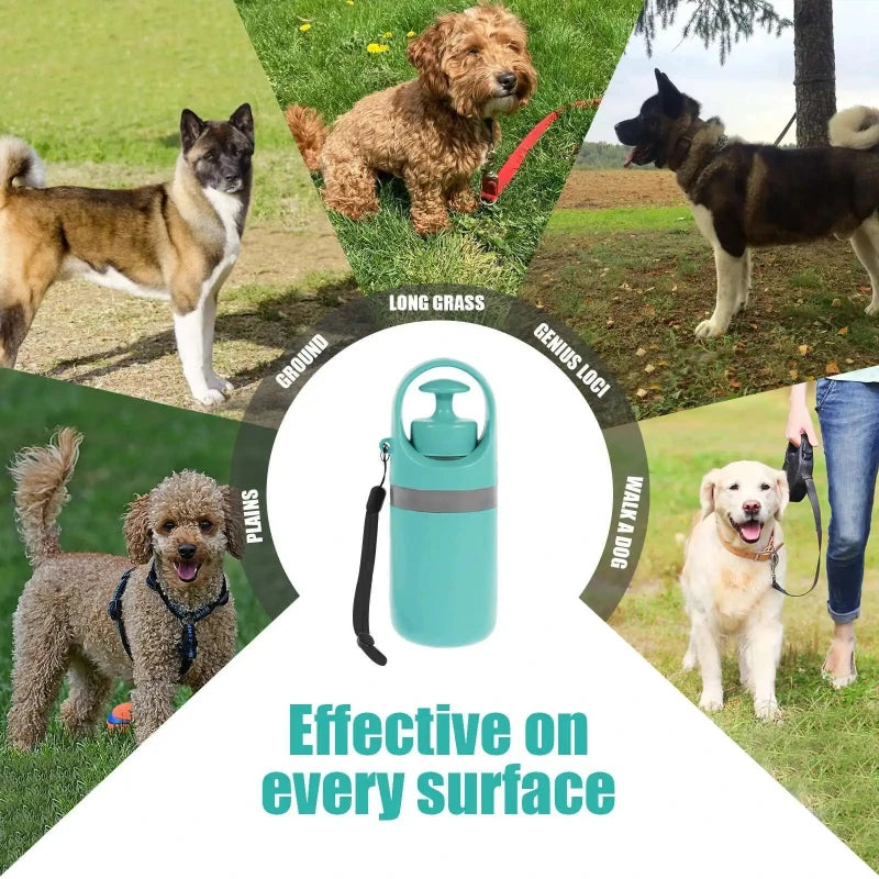 Collage of dogs in various outdoor settings with a teal water bottle labeled 'Effective on every surface'.