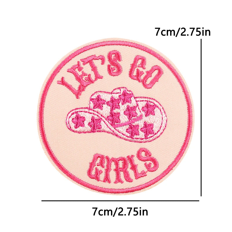 Pink patch with 'Let's Go Girls' text and measurements on a white background