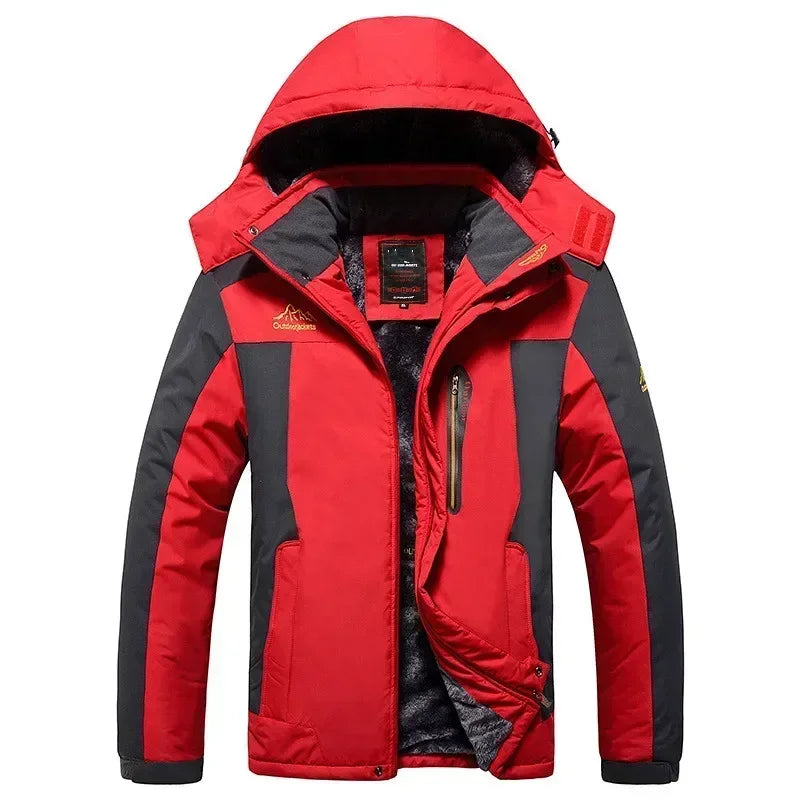 Red and gray winter jacket with a brand logo on a white background