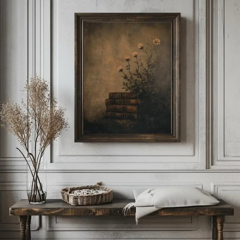 Framed painting of flowers on a wall above a wooden bench with decorative items.