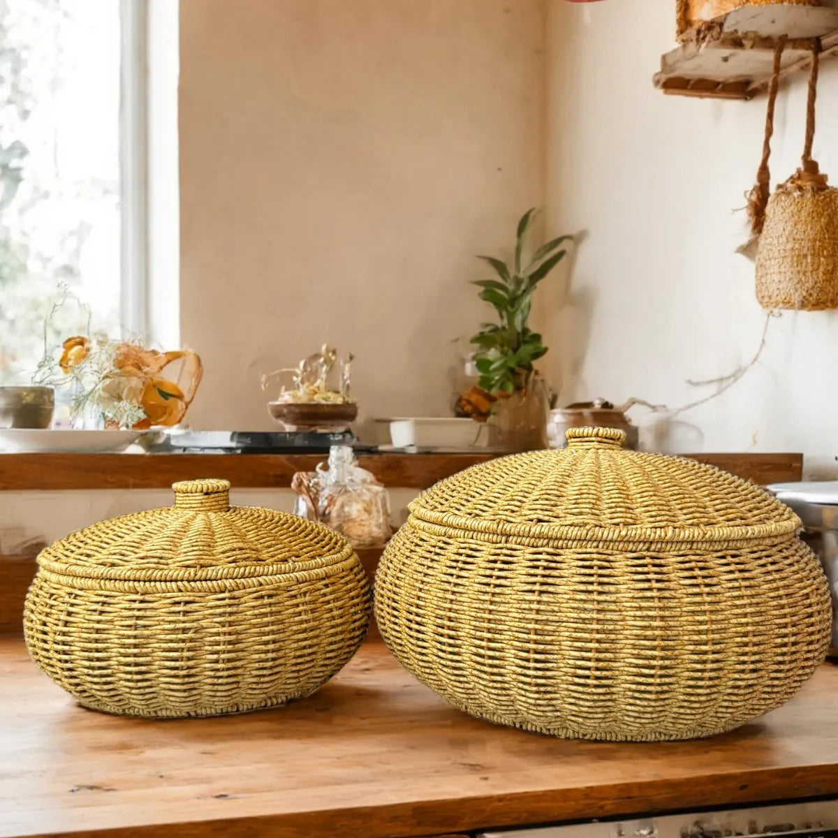 Two woven baskets on a wooden surface with a blurred indoor background