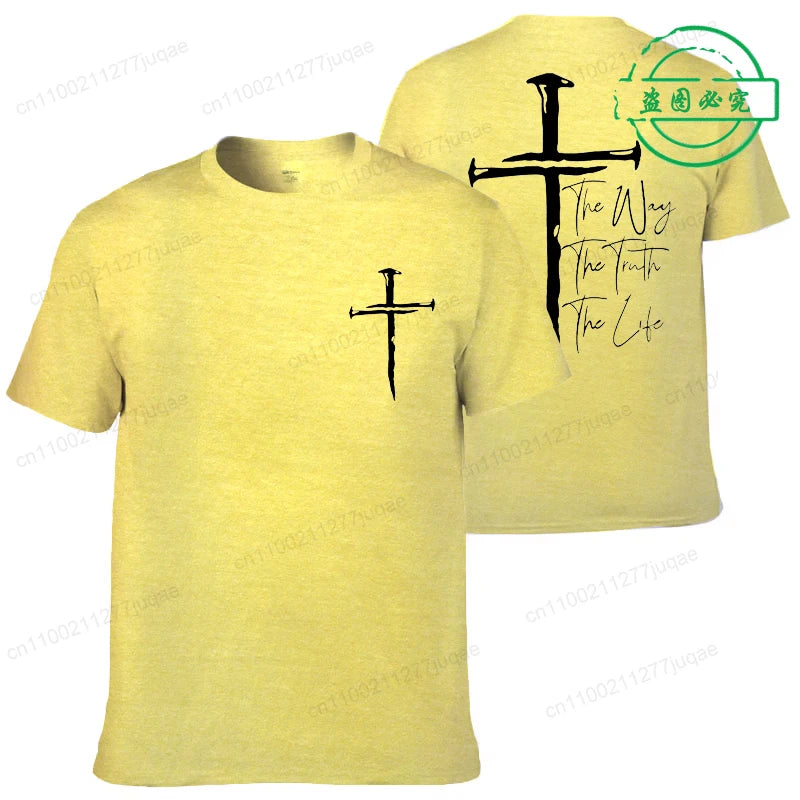 Yellow t-shirt with black cross design on front and back, featuring text.