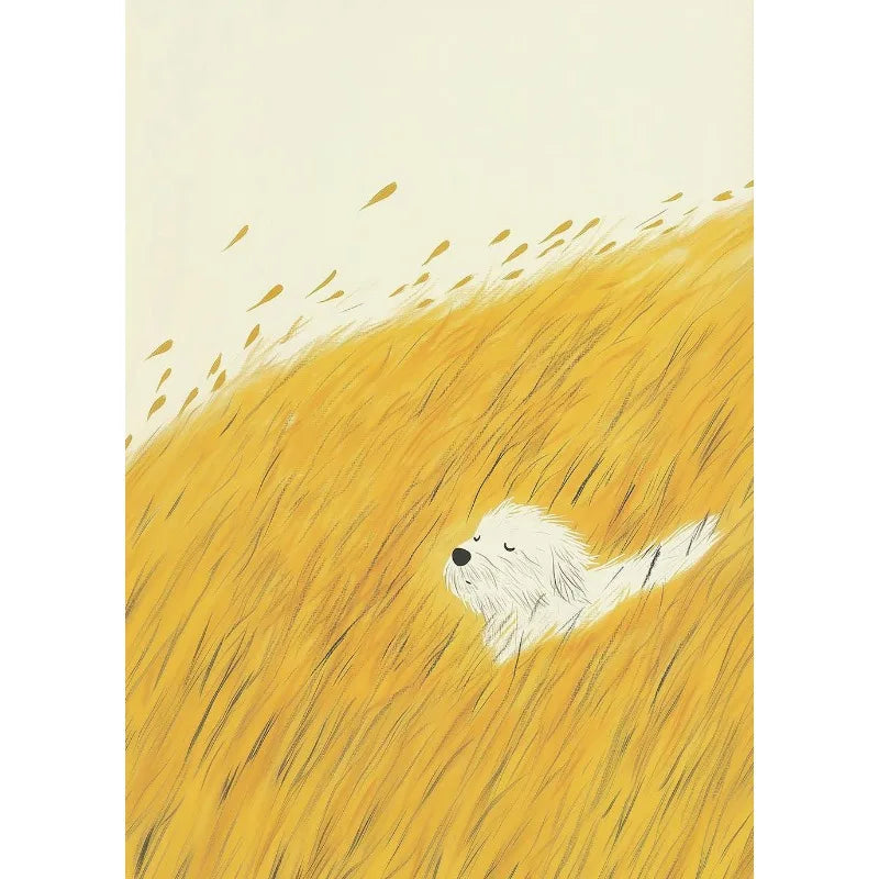Illustration of a white dog lying on a yellow field with a light beige background