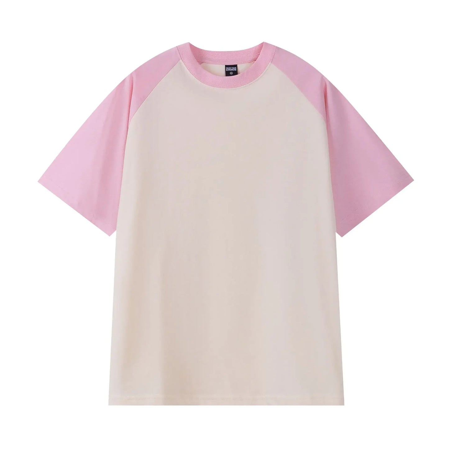 White t-shirt with pink sleeves on a white background