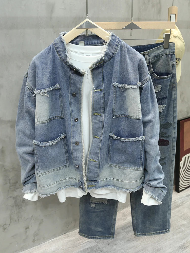 Men’s Fringed Denim Jacket – Casual Loose Fit with Pocket Detail