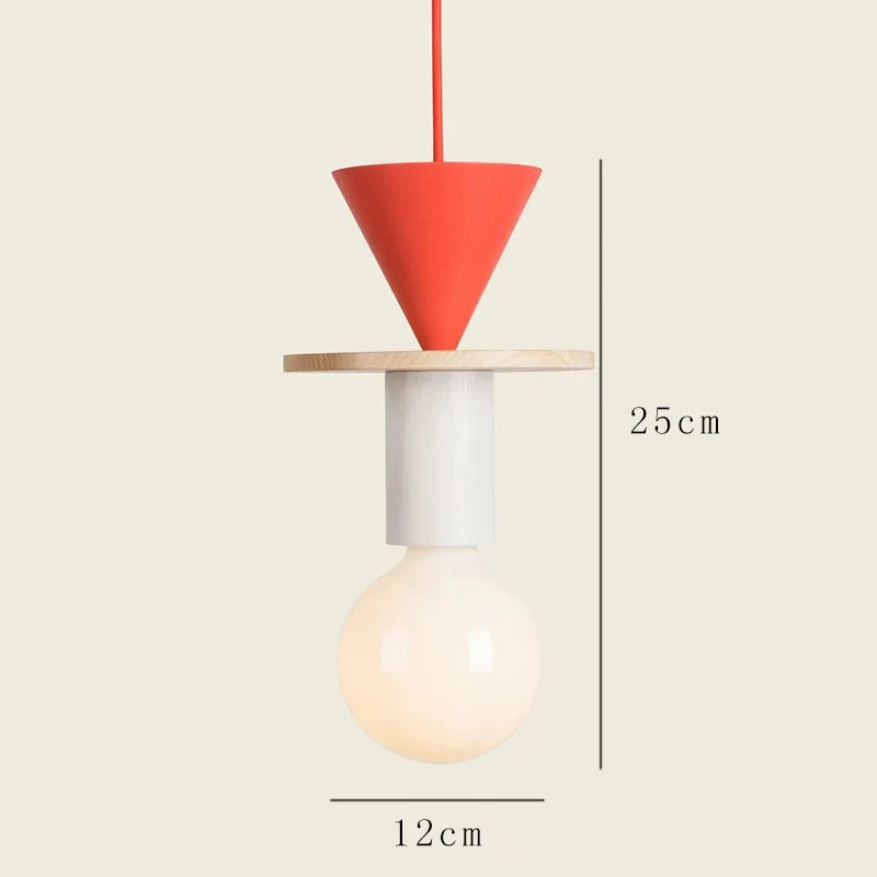 Pendant light with red cone shade and white bulb, shown with measurements on a beige background.