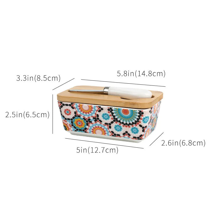 Rectangular container with floral pattern and wooden lid, showing measurements on a white background